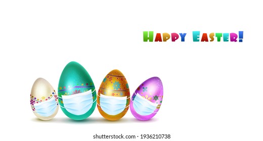 Illustration of realistic Easter eggs in various colors with holiday symbols, in medical masks on white background