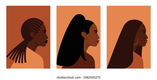 Illustration with realistic female profile. Set of posters with female faces. Bright black beautiful women, diversity hairstyles. Portraits for poster, billboard, brochure cover design. Modern vector