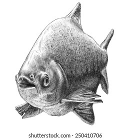 illustration with realistic fish.Tambaqui. Hand drawn.