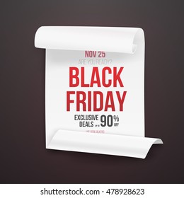 Illustration of Realistic Folded Paper Scroll. Black Friday Sale Curved Ribbon Banner Template. Big Sale Banner White Poster Icon
