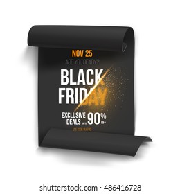 Illustration of Realistic Folded Paper Scroll Black Friday Sale Banner Black Poster Isolated on White Background