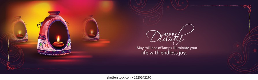 illustration of realistic illuminated oil lamps and floral mandala on blurred bokeh background for Diwali festival