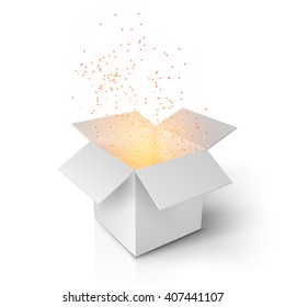 Ilustración de la caja mágica realista. Gray Magic Box con Confetti y Magic Light. Caja de regalo mágica aislada en fondo blanco