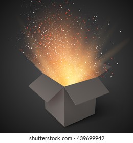 Illustration der Realistischen Magic Open Box. Magische Geschenkbox mit Zauberlicht von innen