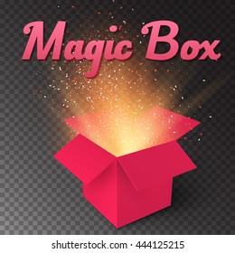 Illustration of Realistic Magic Open Box. Magic Gift Box with Magic Light Comming from Inside Isolated on Transparent Overlay Background