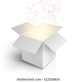 Illustration der Realistischen Magic Open Box. Magische Geschenkbox mit Magic Light kommt von Innen. Karton einzeln auf weißem Hintergrund.