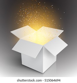 Illustration of Realistic Magic Open Box. Gift Paper Box with Light Coming from Inside.