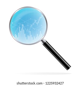 An illustration of a realistic magnifying glass and a blue business chart of growth and decline in stock, money or commodity prices with lines. Suitable for analysis - vector