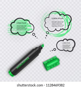 Illustration with realistic marker, with highlighter elements and speech bubbles on transparent background. Vector eps 10