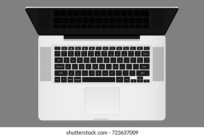 Illustration Realistic Mock up Silver metallic Laptop Top view with blank screen Isolated Vector