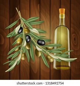 Illustration of realistic olive tree branches, bottle and wood background
