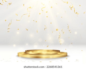 Illustration of a realistic podium with falling golden confetti.