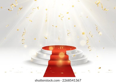 Illustration of a realistic podium with falling golden confetti.