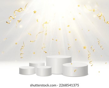 Illustration of a realistic podium with falling golden confetti.