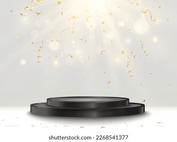 Illustration of a realistic podium with falling golden confetti.