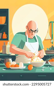 Illustration of a realistic portrait of a young chef smiling happily while cooking. Cooking with love for family dinner food concept. flat color, flat design