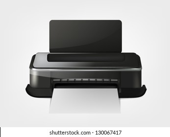 Illustration of realistic printer with white paper on gray background