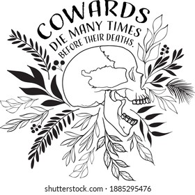 illustration of realistic skull with flowers and lettering