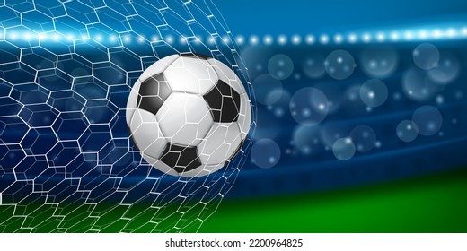 Illustration with a realistic soccer ball flying into the net of a football goal against the backdrop of the stadium stands