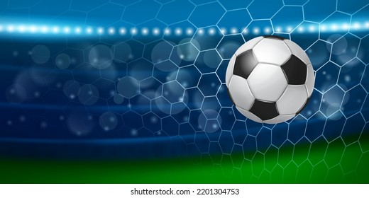 Illustration with a realistic soccer ball flying into the net of a football goal against the backdrop of the stadium stands