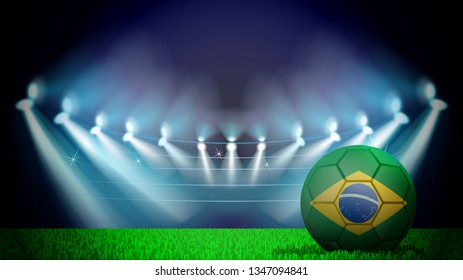 illustration of realistic soccer ball painted in the national flag of Brazil on lighted stadium. Vector can be used in advertising national championship on white background