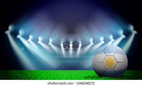 illustration of realistic soccer ball painted in the national flag of Argentina on lighted stadium. Vector can be used in advertising national championship on white background