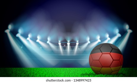 illustration of realistic soccer ball painted in the national flag of Germany on lighted stadium. Vector can be used in advertising national championship on white background on white background
