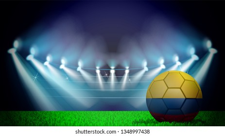 illustration of realistic soccer ball painted in the national flag of Colombia on lighted stadium. Vector can be used in advertising national championship on white background on white background