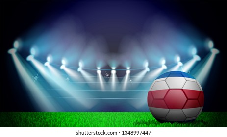 illustration of realistic soccer ball painted in the national flag of Costa-Rico on lighted stadium. Vector can be used in advertising national championship on white background on white background