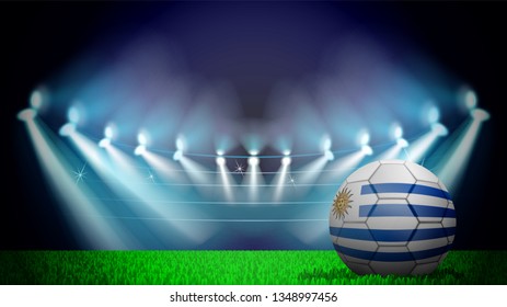 illustration of realistic soccer ball painted in the national flag of Uruguay on lighted stadium. Vector can be used in advertising national championship on white background on white background