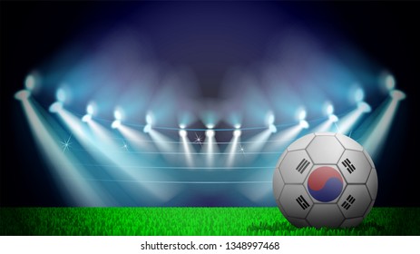 illustration of realistic soccer ball painted in the national flag of South Korea on lighted stadium. Vector can be used in advertising national championship on white background