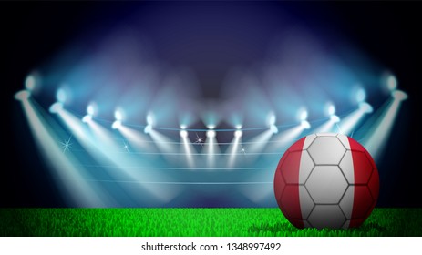 illustration of realistic soccer ball painted in the national flag of Peru on lighted stadium. Vector can be used in advertising national championship on white background on white background