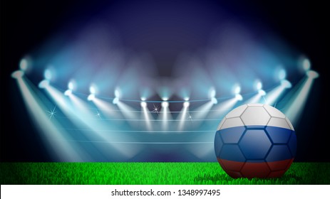 illustration of realistic soccer ball painted in the national flag of Russia on lighted stadium. Vector can be used in advertising national championship on white background