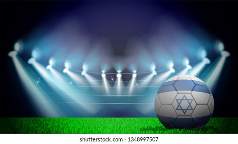 illustration of realistic soccer ball painted in the national flag of Israil on lighted stadium. Vector can be used in advertising national championship on white background on white background