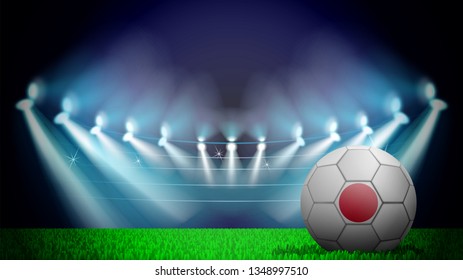 illustration of realistic soccer ball painted in the national flag of Japan on lighted stadium. Vector can be used in advertising national championship on white background on white background