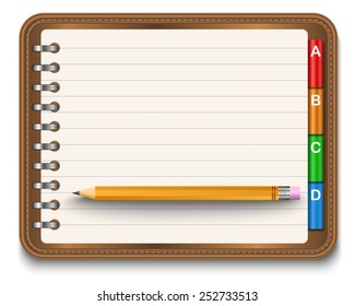 Illustration of realistic spiral notebook and detailed pencils 