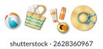 Illustration realistic style beach essentials colorful items representing summer essentials like beach ball tote bag sunscreen straw hat vibrant background.