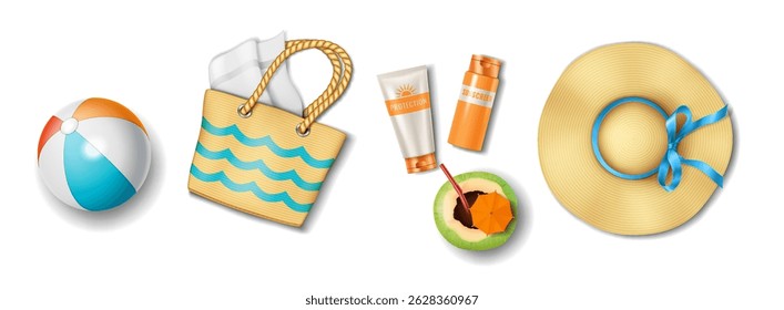 Illustration realistic style beach essentials colorful items representing summer essentials like beach ball tote bag sunscreen straw hat vibrant background.