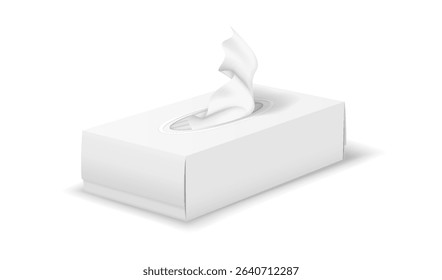 Illustration of a realistic tissue box in white hues. This depiction showcases the box with a tissue emerging, emphasizing hygiene in a minimalist style.