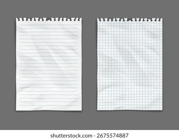 Illustration of realistic, torn notebook paper sheets. One lined and one squared. White paper on a gray background. Perfect for school or office design projects.
