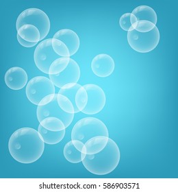 Illustration Realistic Transparent Soap Bubbles with Reflection on Blue Background