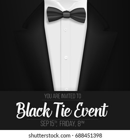 Illustration of Realistic Vector Black Suit. Black Tie Event Invitation Template. Vector Mens Suit with Bow Tie