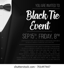 Illustration of Realistic Vector Black Suit. Black Tie Event Invitation Template. Vector Mens Suit with Bow Tie