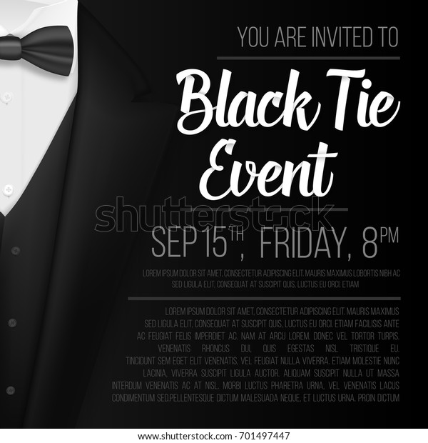 Illustration of\
Realistic Vector Black Suit. Black Tie Event Invitation Template.\
Vector Mens Suit with Bow\
Tie