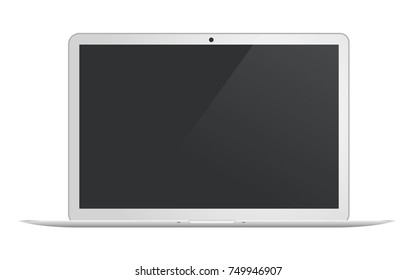 Illustration Realistic Vector Chrome Silver Slim Laptop Mock up front view isolated with blank screen and white background
