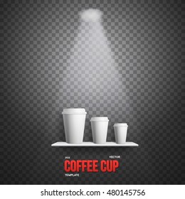 Illustration of Realistic Vector Coffee Cup Takeout Template Set. White Paper Coffee Cup Mockup Set on Shelf Under Transtarent Light Effects