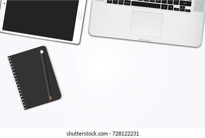 Illustration Realistic Vector Concept of Startup Business Vector with Notebook Pencil White Tablet and Chrome Silver Laptop for create Idea and Creativity 