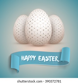 Illustration of Realistic Vector Easter Egg Set. Happy Easter Painted Vector Egg Set with Ribbon Banner and DOF Photography Effect