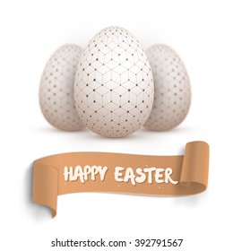 Illustration of Realistic Vector Easter Egg Set. Happy Easter Painted Vector Egg Set with Ribbon Banner and DOF Photography Effect Isolated on White Background