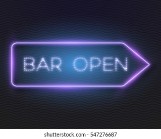 Illustration of Realistic Vector Neon Frame. Vintage Glowing Vector Neon Sign. Bar Open Neon Frame